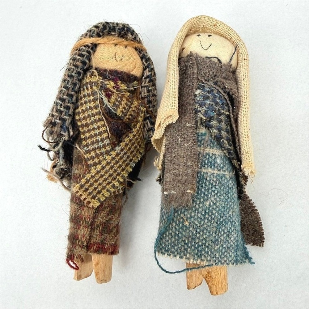 Clothespin Dolls Mary & Joseph Nativity Folk Art Handmade Vintage Figures Set 2